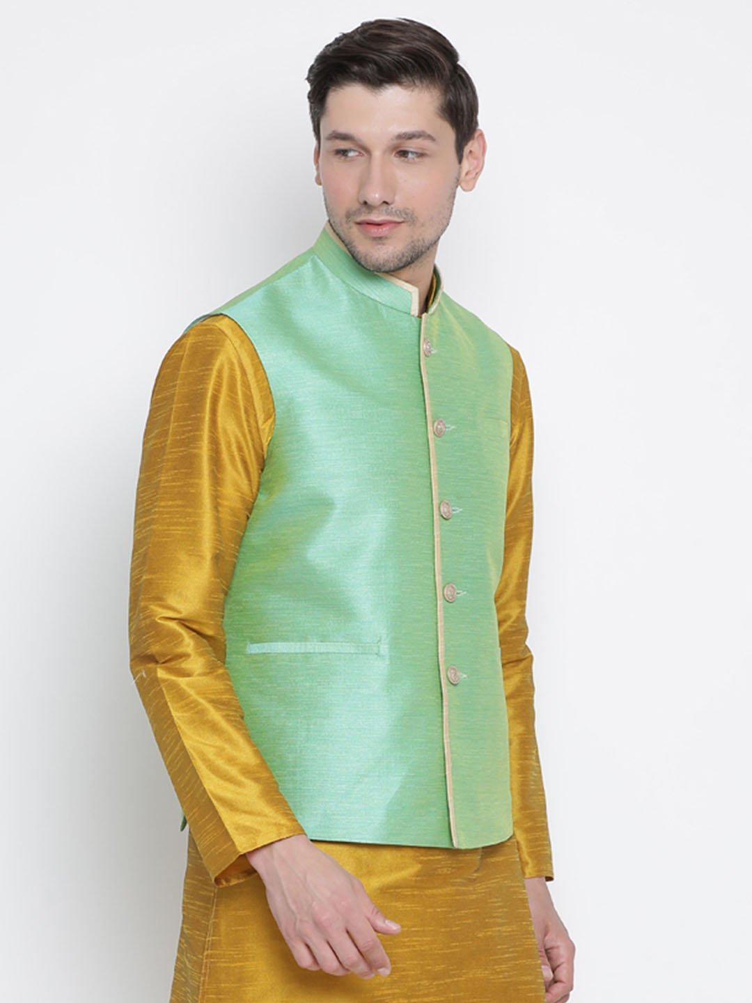 Men's Green Cotton Silk Blend Ethnic Jacket
