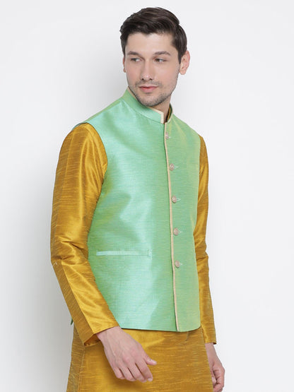 Men's Green Cotton Silk Blend Ethnic Jacket