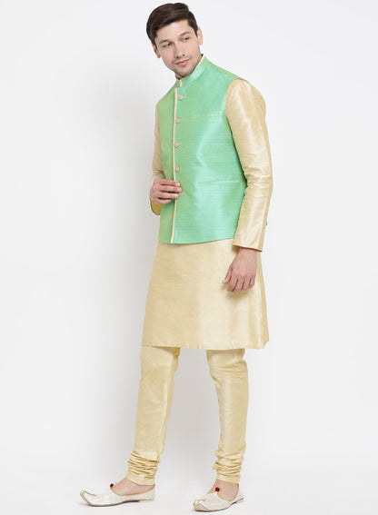 Men's Gold Cotton Silk Blend Kurta, Ethnic Jacket and Pyjama Set