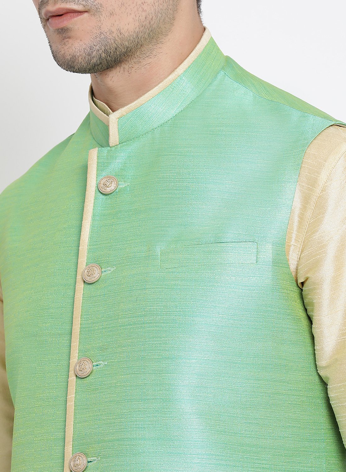Men's Gold Cotton Silk Blend Kurta, Ethnic Jacket and Pyjama Set