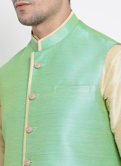 Men's Gold Cotton Silk Blend Kurta, Ethnic Jacket and Pyjama Set