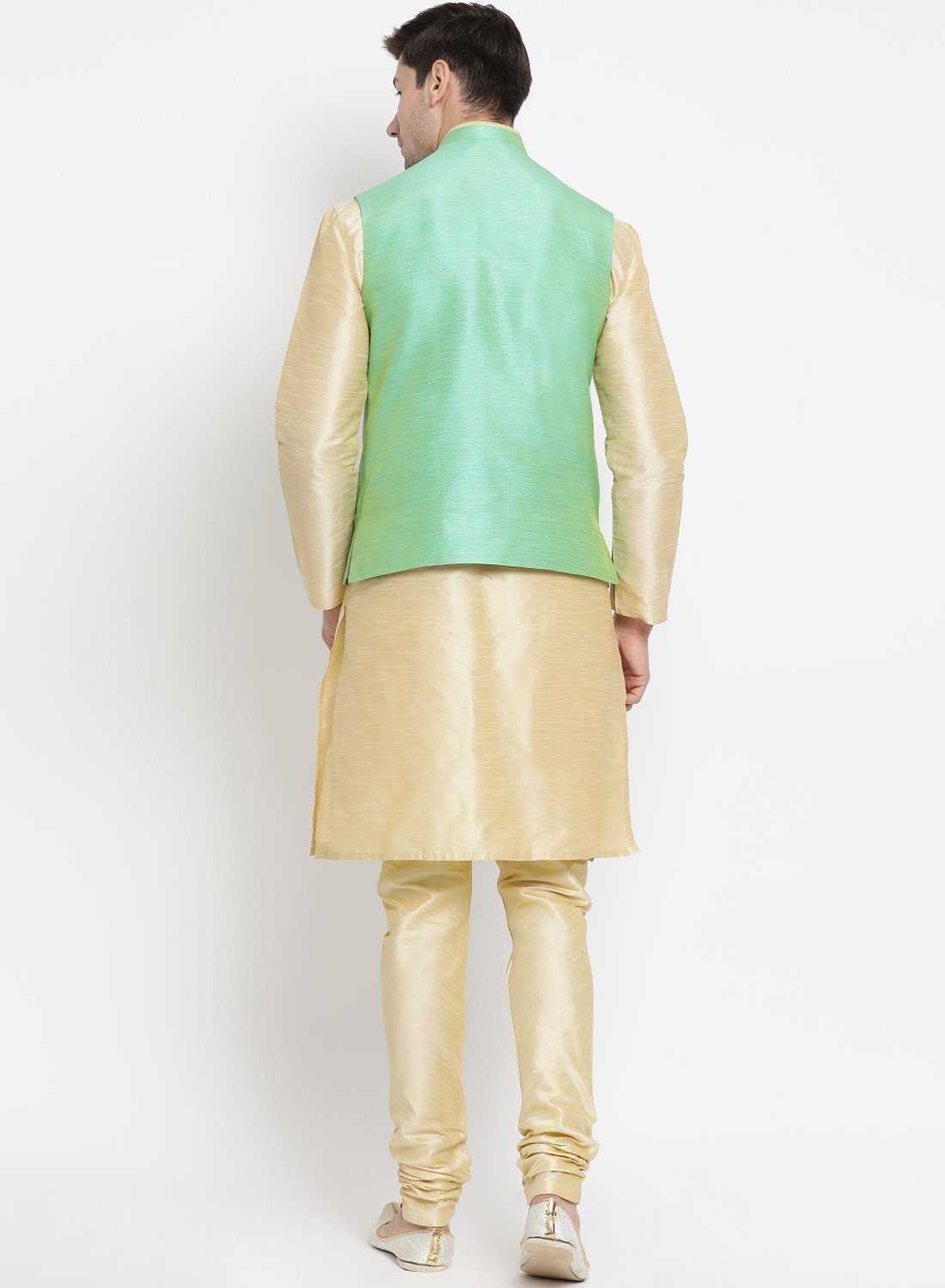 Men's Gold Cotton Silk Blend Kurta, Ethnic Jacket and Pyjama Set