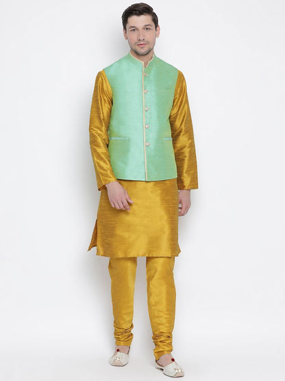Men's Yellow Cotton Silk Blend Kurta, Ethnic Jacket and Pyjama Set