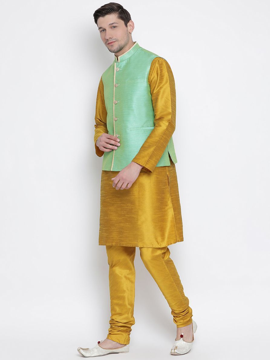 Men's Yellow Cotton Silk Blend Kurta, Ethnic Jacket and Pyjama Set