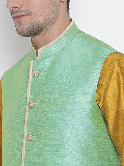 Men's Yellow Cotton Silk Blend Kurta, Ethnic Jacket and Pyjama Set