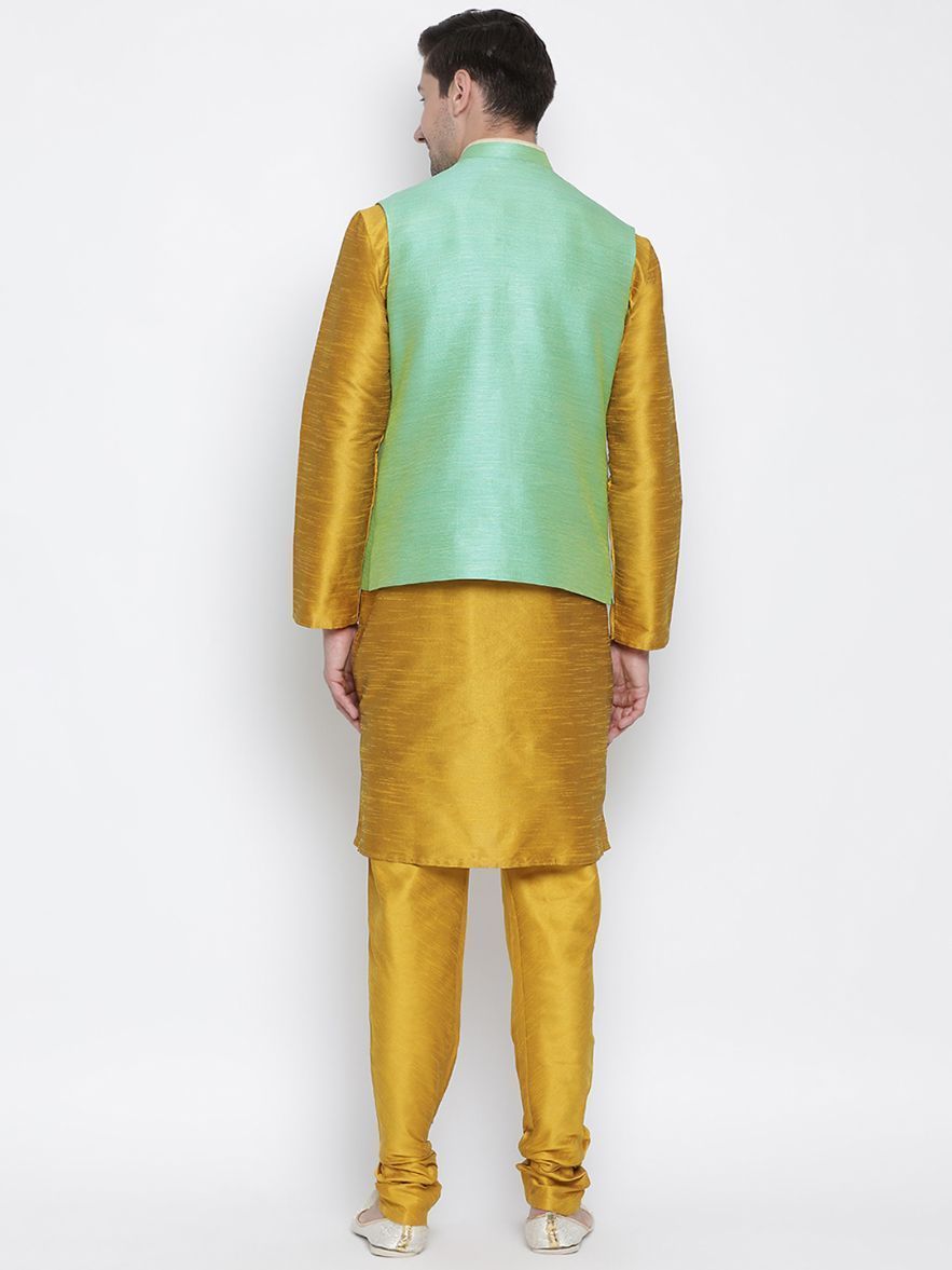 Men's Yellow Cotton Silk Blend Kurta, Ethnic Jacket and Pyjama Set