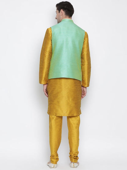 Men's Yellow Cotton Silk Blend Kurta, Ethnic Jacket and Pyjama Set