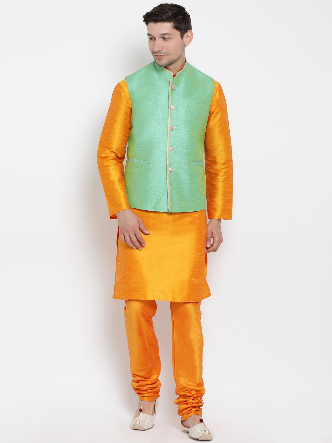 Men's Orange Cotton Silk Blend Kurta, Ethnic Jacket and Pyjama Set