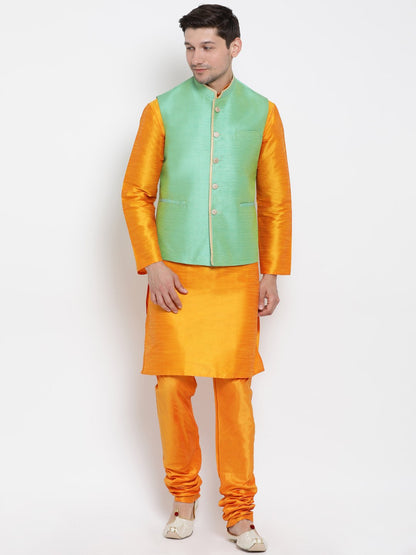 Men's Orange Cotton Silk Blend Kurta, Ethnic Jacket and Pyjama Set