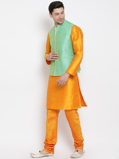 Men's Orange Cotton Silk Blend Kurta, Ethnic Jacket and Pyjama Set