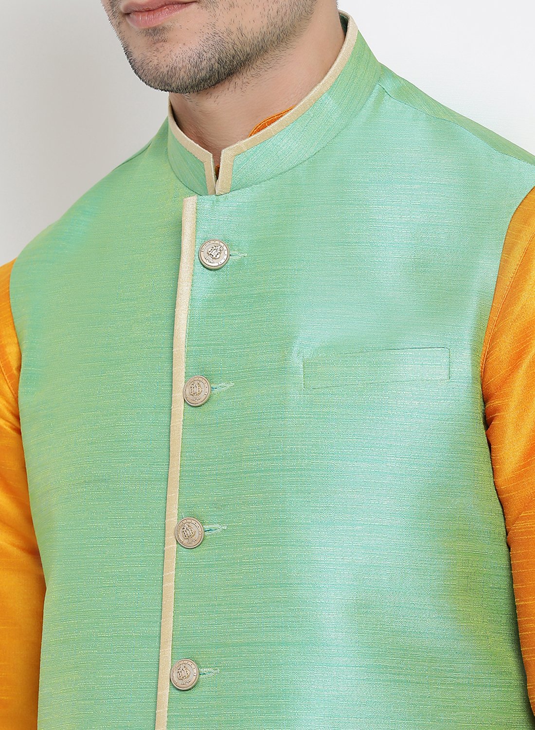 Men's Orange Cotton Silk Blend Kurta, Ethnic Jacket and Pyjama Set