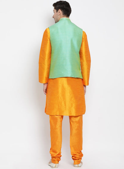 Men's Orange Cotton Silk Blend Kurta, Ethnic Jacket and Pyjama Set
