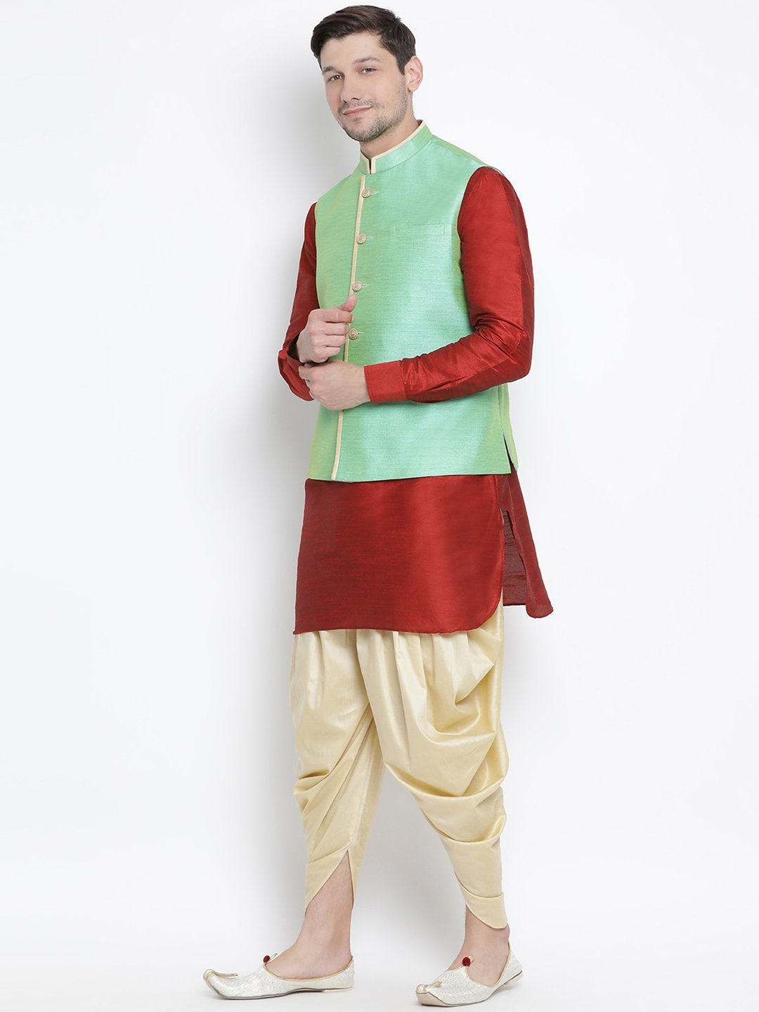 Men's Maroon Cotton Silk Blend Ethnic Jacket, Kurta and Dhoti Pant Set