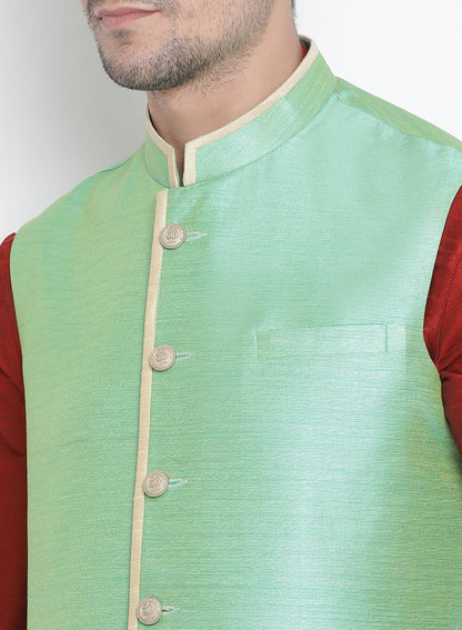 Men's Maroon Cotton Silk Blend Ethnic Jacket, Kurta and Dhoti Pant Set