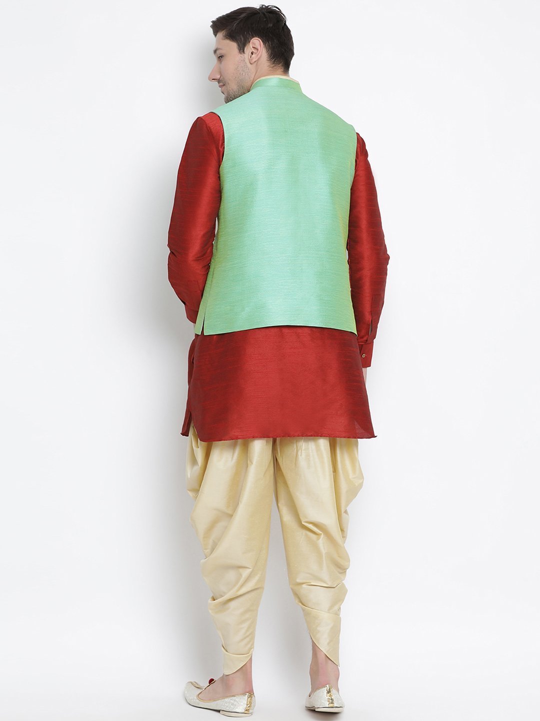 Men's Maroon Cotton Silk Blend Ethnic Jacket, Kurta and Dhoti Pant Set