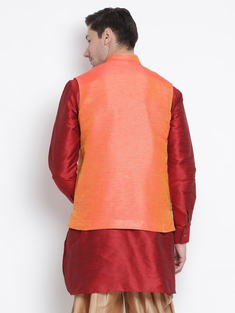 Men's Orange Cotton Silk Blend Ethnic Jacket