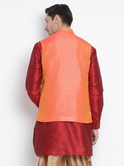 Men's Orange Cotton Silk Blend Ethnic Jacket