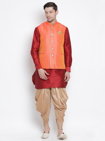 Men's Orange Cotton Silk Blend Ethnic Jacket