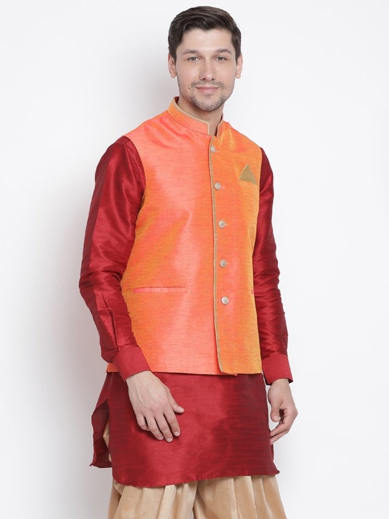 Men's Orange Cotton Silk Blend Ethnic Jacket
