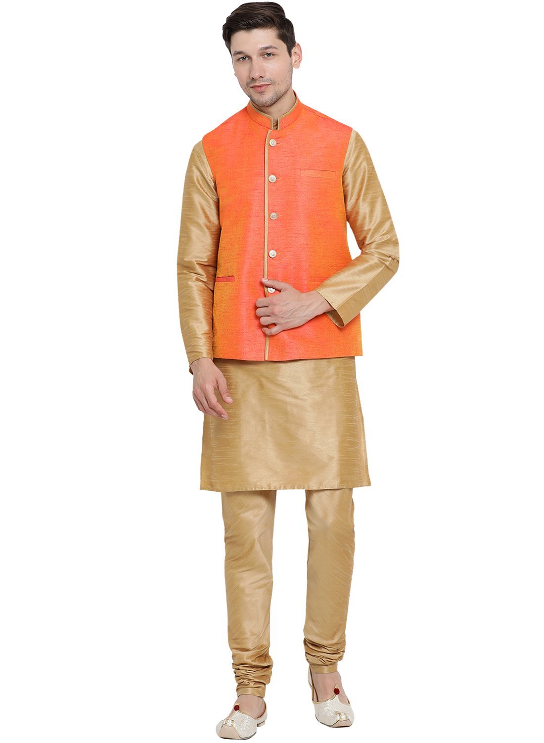 Men's Gold Cotton Silk Blend Kurta, Ethnic Jacket and Pyjama Set