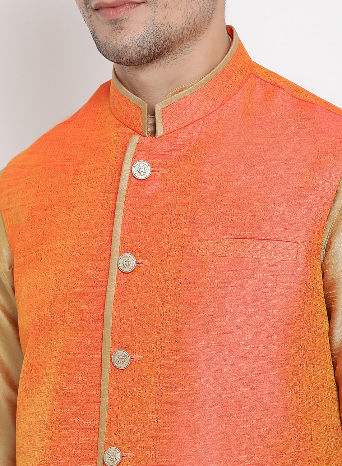 Men's Gold Cotton Silk Blend Kurta, Ethnic Jacket and Pyjama Set