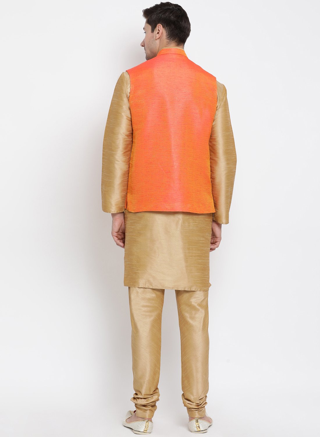Men's Gold Cotton Silk Blend Kurta, Ethnic Jacket and Pyjama Set