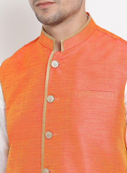 Men's White Cotton Silk Blend Kurta, Ethnic Jacket and Pyjama Set