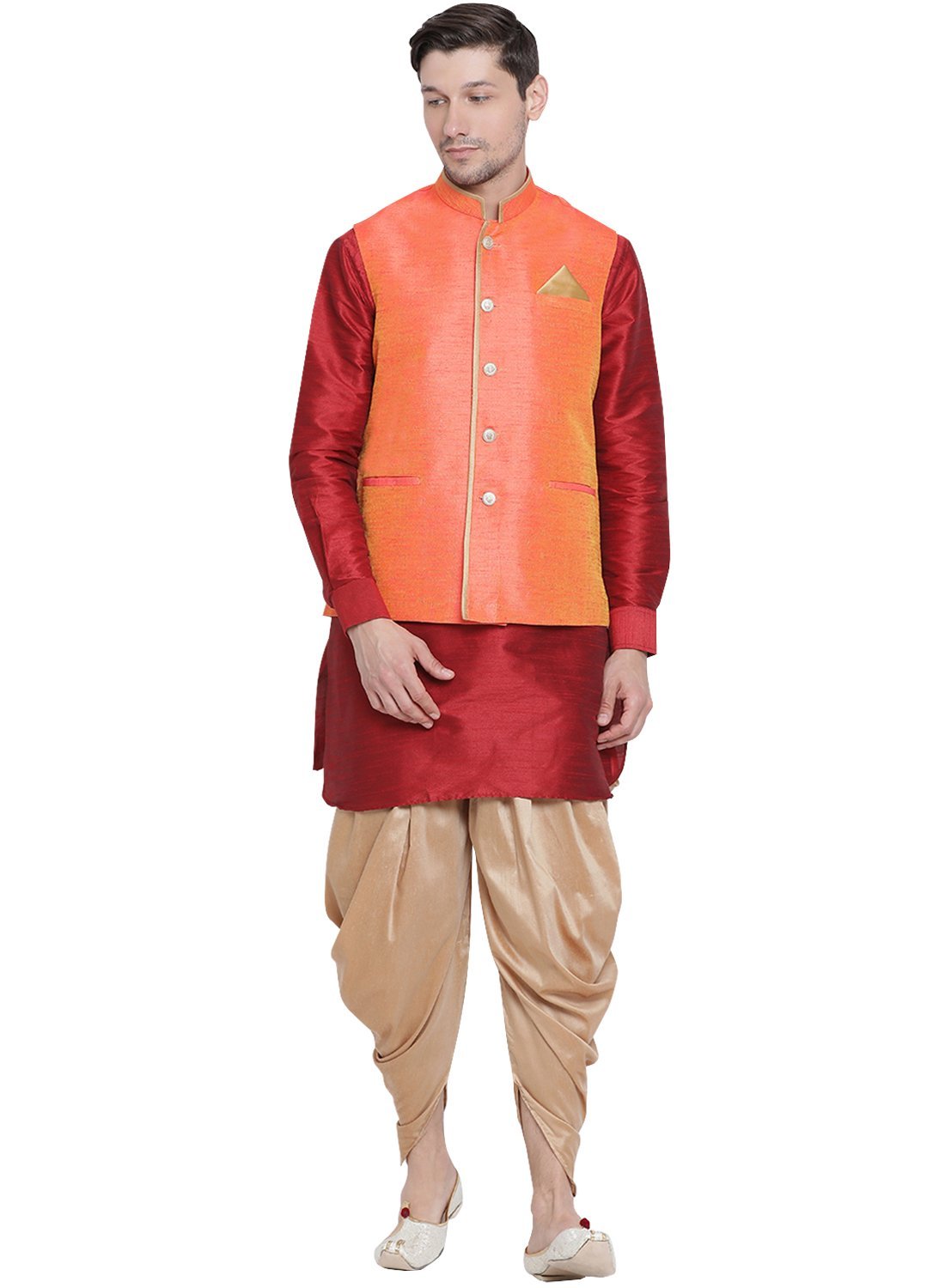 Men's Maroon Cotton Silk Blend Ethnic Jacket, Kurta and Dhoti Pant Set