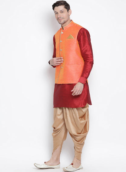 Men's Maroon Cotton Silk Blend Ethnic Jacket, Kurta and Dhoti Pant Set