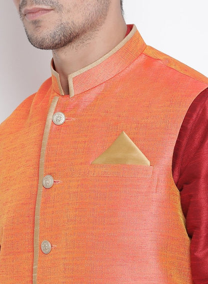 Men's Orange Cotton Silk Blend Ethnic Jacket
