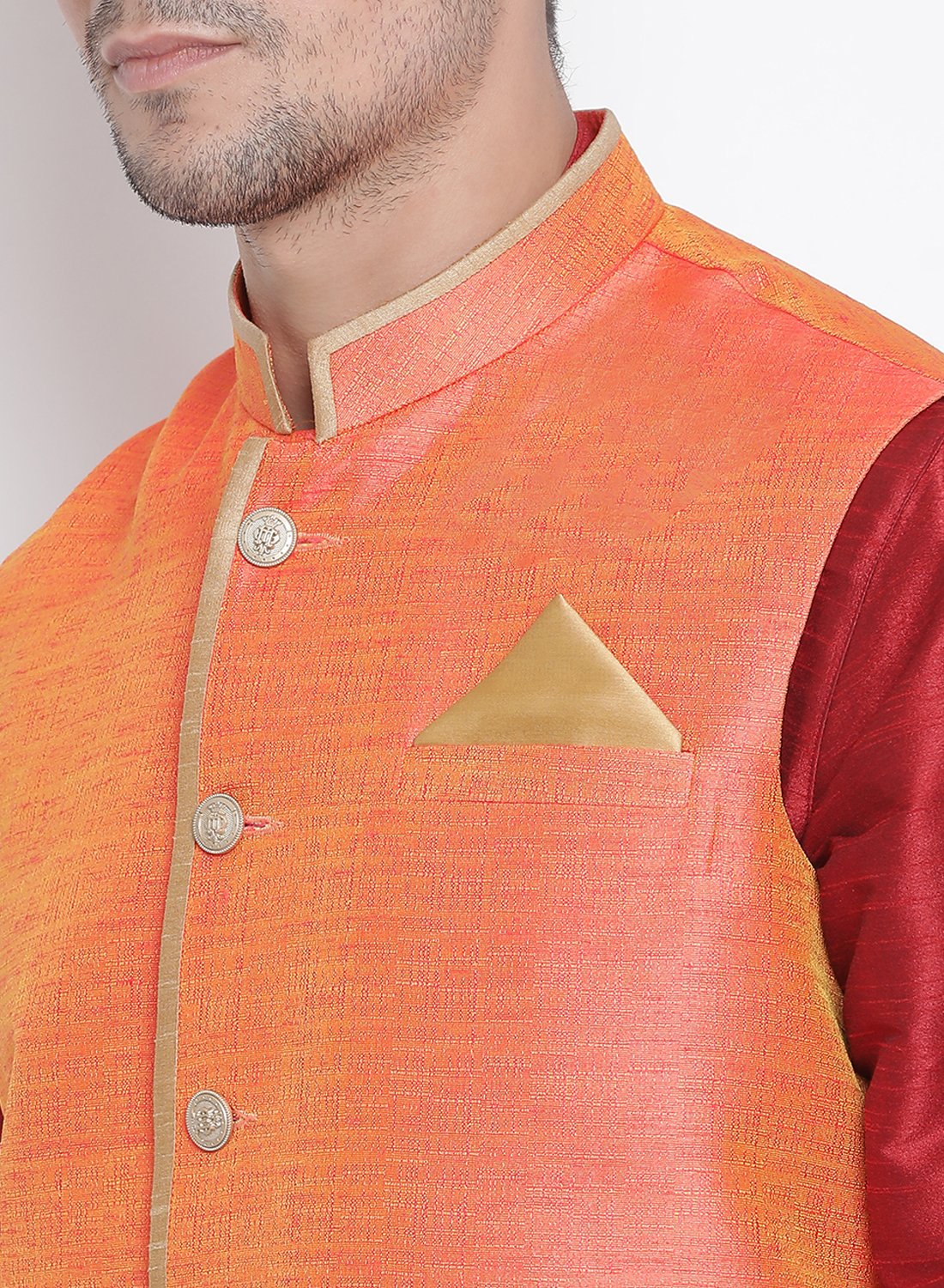 Men's Maroon Cotton Silk Blend Ethnic Jacket, Kurta and Dhoti Pant Set