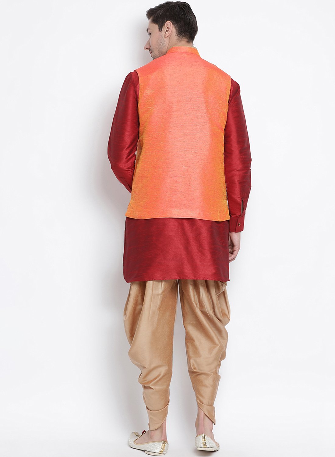 Men's Maroon Cotton Silk Blend Ethnic Jacket, Kurta and Dhoti Pant Set
