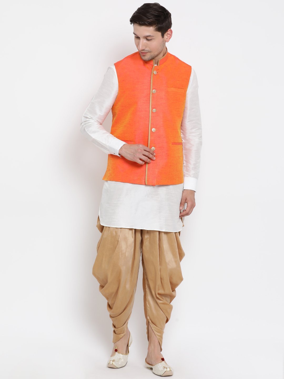 Men's White Cotton Silk Blend Ethnic Jacket, Kurta and Dhoti Pant Set