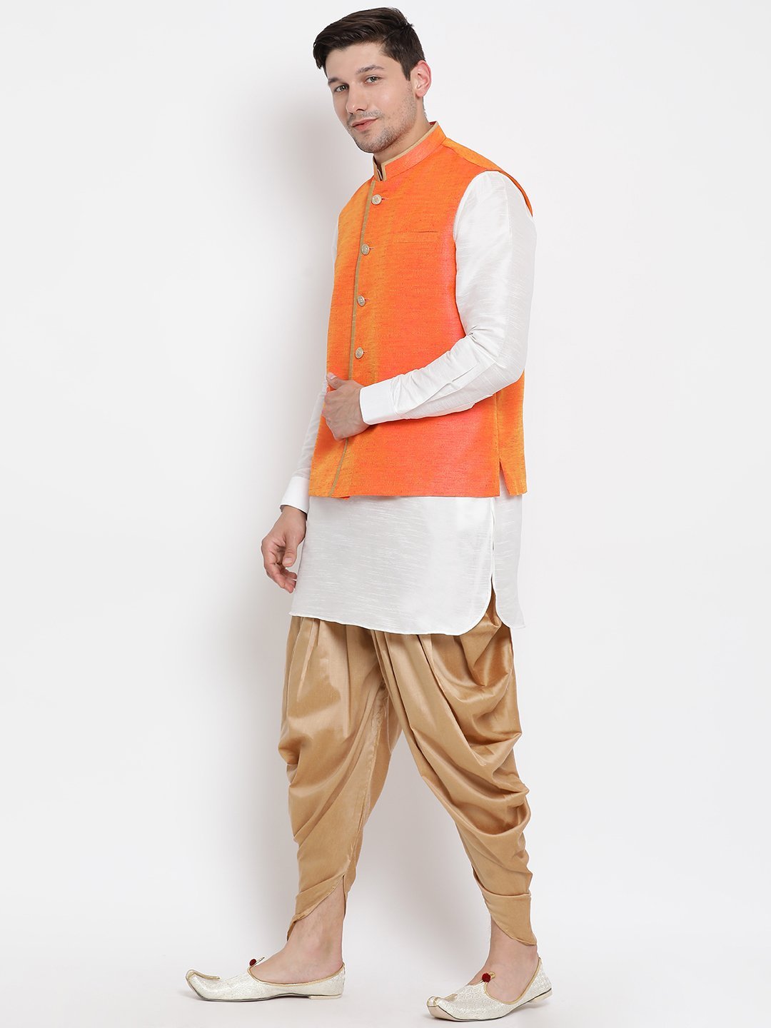 Men's White Cotton Silk Blend Ethnic Jacket, Kurta and Dhoti Pant Set