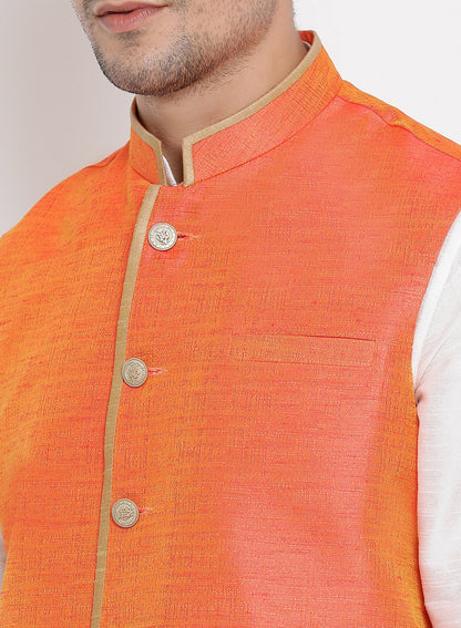 Men's White Cotton Silk Blend Ethnic Jacket, Kurta and Dhoti Pant Set