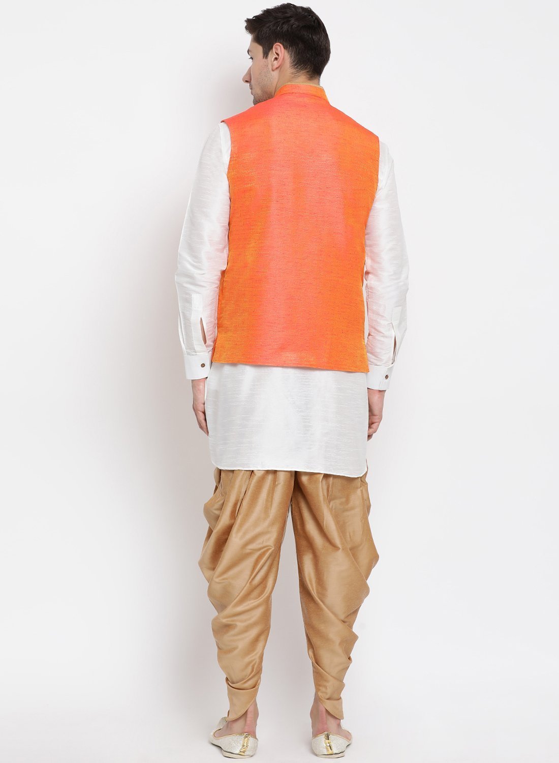 Men's White Cotton Silk Blend Ethnic Jacket, Kurta and Dhoti Pant Set