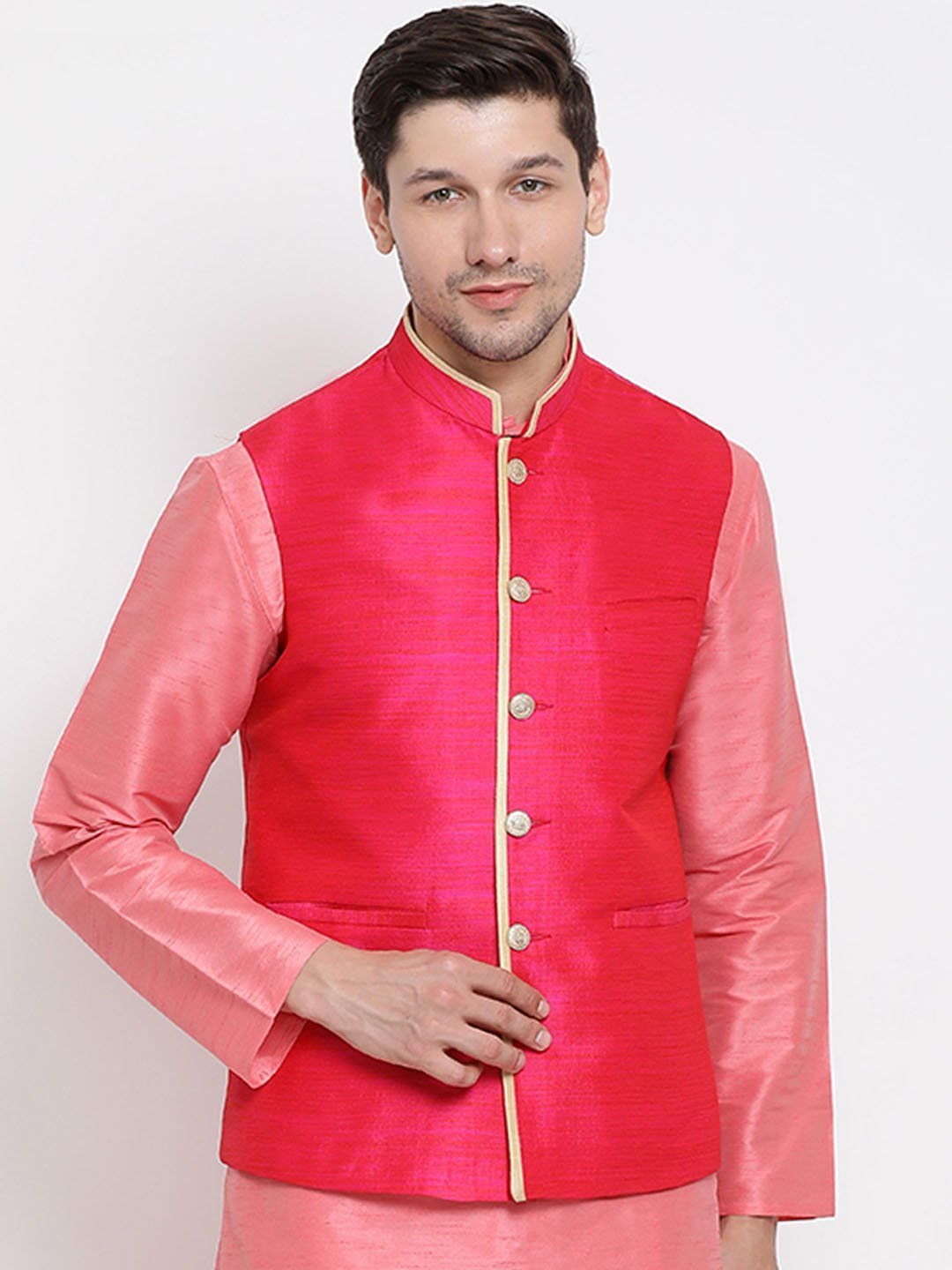 Men's Pink Cotton Silk Blend Ethnic Jacket