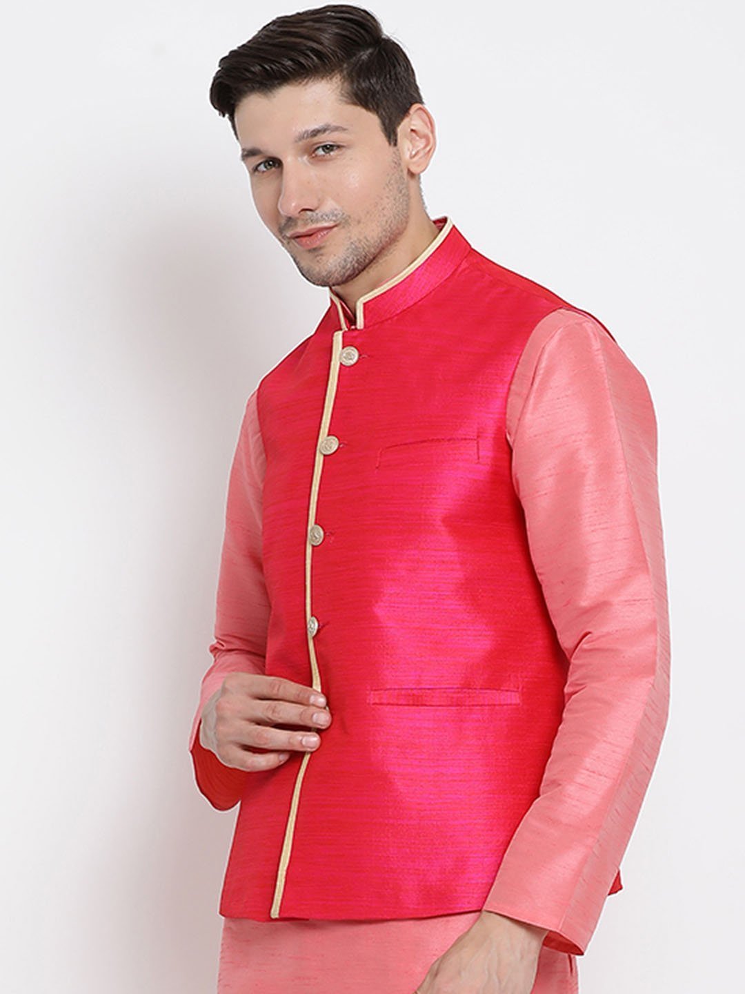 Men's Pink Cotton Silk Blend Ethnic Jacket