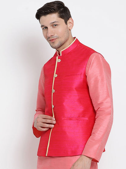Men's Pink Cotton Silk Blend Ethnic Jacket