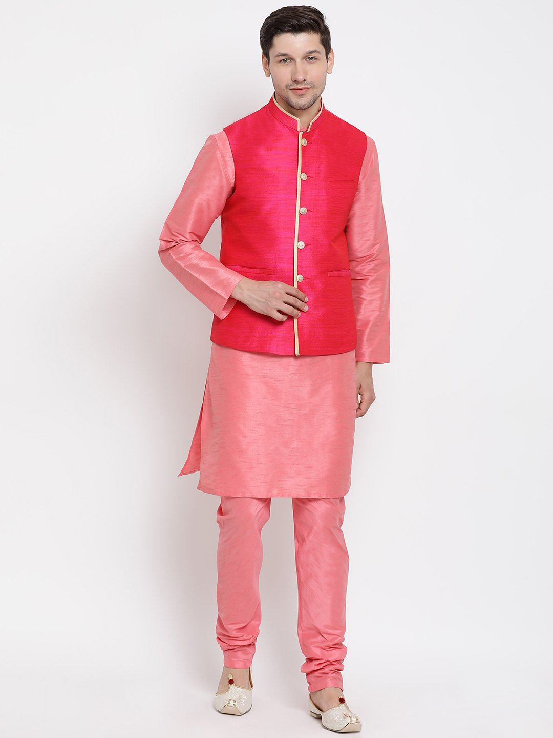 Men's Pink Cotton Silk Blend Ethnic Jacket