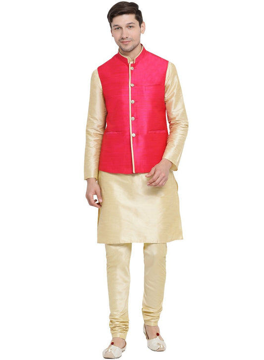 Men's Gold Cotton Silk Blend Kurta, Ethnic Jacket and Pyjama Set