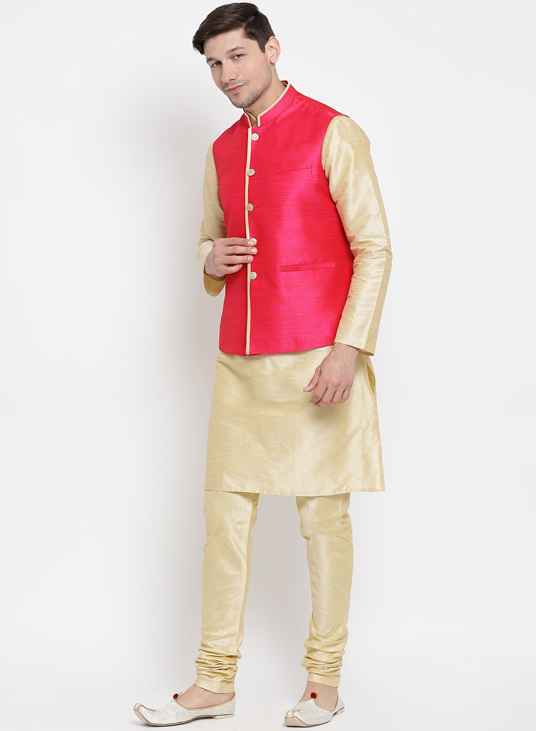 Men's Gold Cotton Silk Blend Kurta, Ethnic Jacket and Pyjama Set