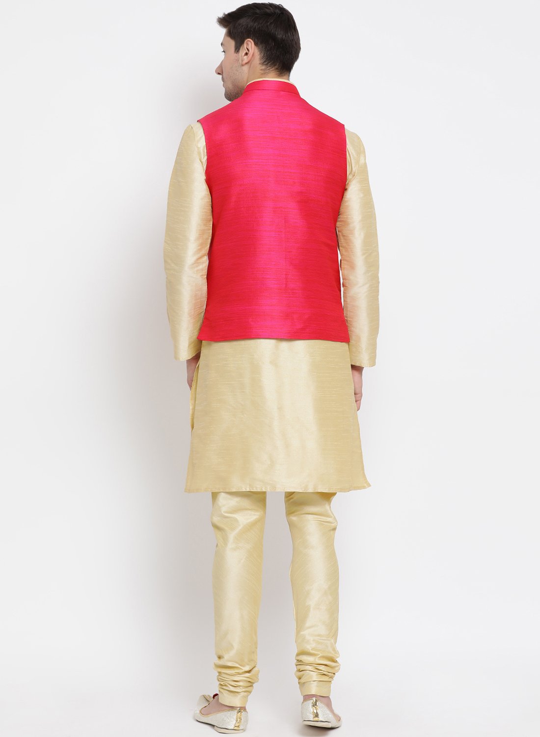 Men's Gold Cotton Silk Blend Kurta, Ethnic Jacket and Pyjama Set