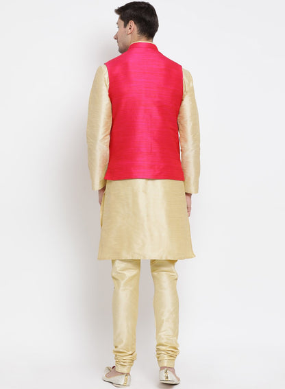 Men's Gold Cotton Silk Blend Kurta, Ethnic Jacket and Pyjama Set