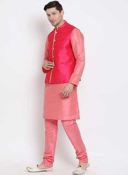 Men's Pink Cotton Silk Blend Kurta, Ethnic Jacket and Pyjama Set