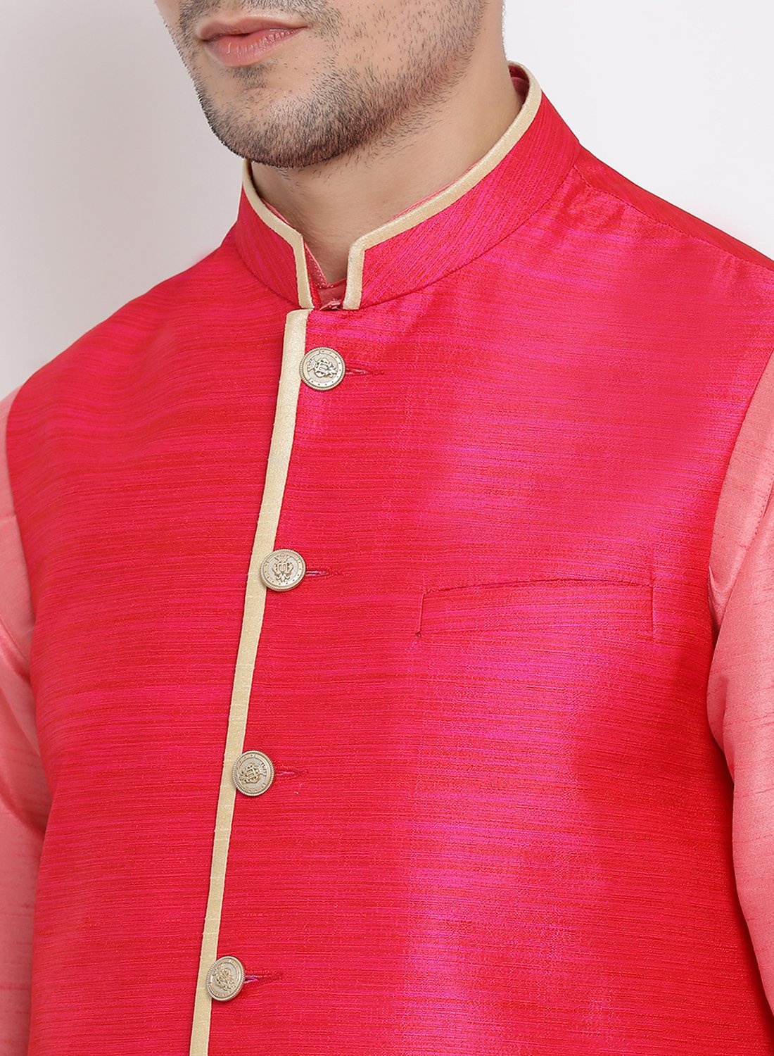 Men's Pink Cotton Silk Blend Kurta, Ethnic Jacket and Pyjama Set