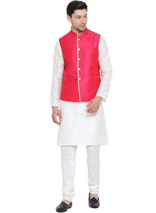 Men's White Cotton Silk Blend Kurta, Ethnic Jacket and Pyjama Set