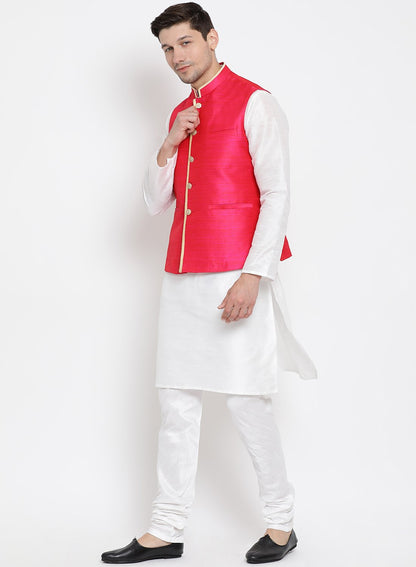 Men's White Cotton Silk Blend Kurta, Ethnic Jacket and Pyjama Set