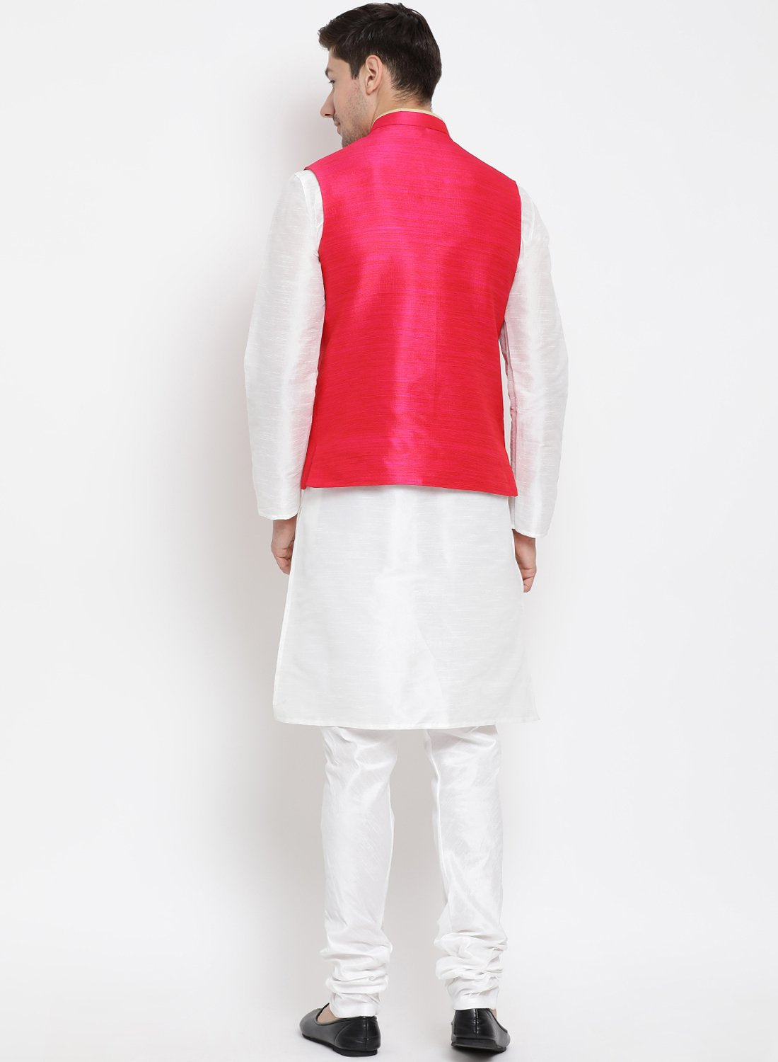 Men's White Cotton Silk Blend Kurta, Ethnic Jacket and Pyjama Set