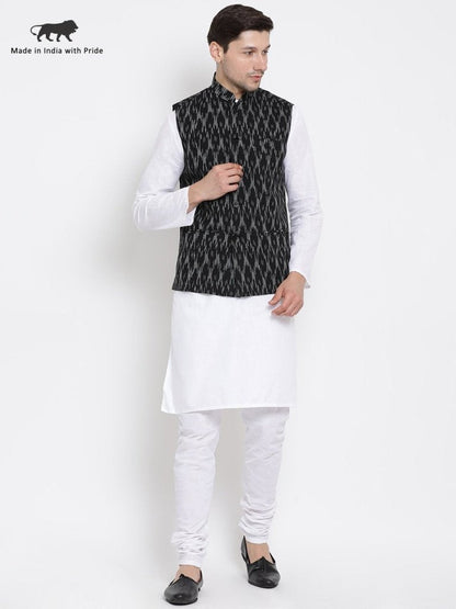 Men's White Cotton Kurta, Ethnic Jacket and Pyjama Set